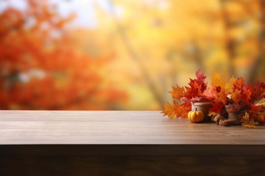 A picture of a desk on an autumn background with space to put your product