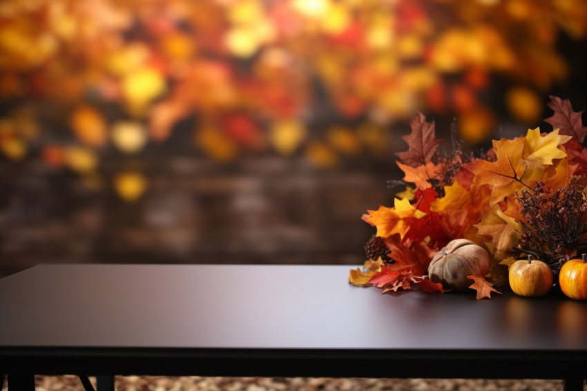 A picture of a desk on an autumn background with space to put your product