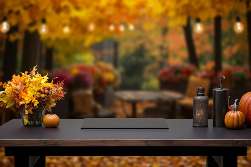 A picture of a desk on an autumn background with space to put your product