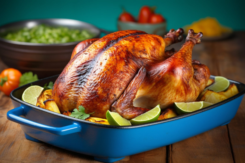 A picture of a whole roasted turkey in a roasting pan on a wooden surface with a green and blue background