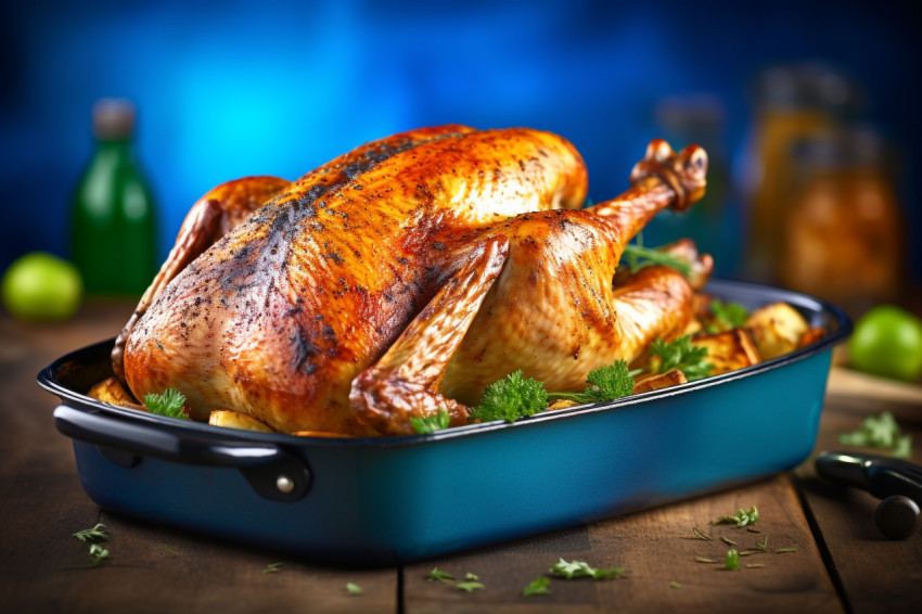 A picture of a whole roasted turkey in a roasting pan on a wooden surface with a green and blue background