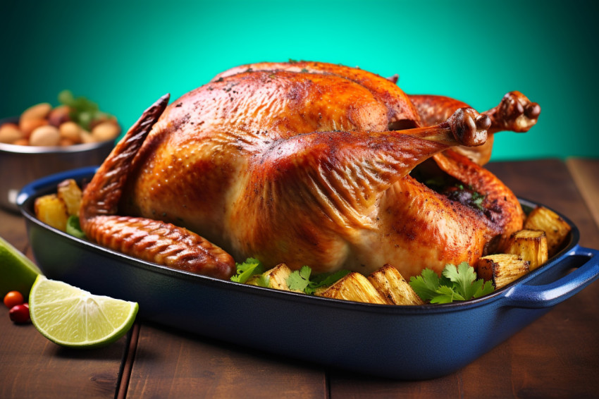 A picture of a whole roasted turkey in a roasting pan on a wooden surface with a green and blue background