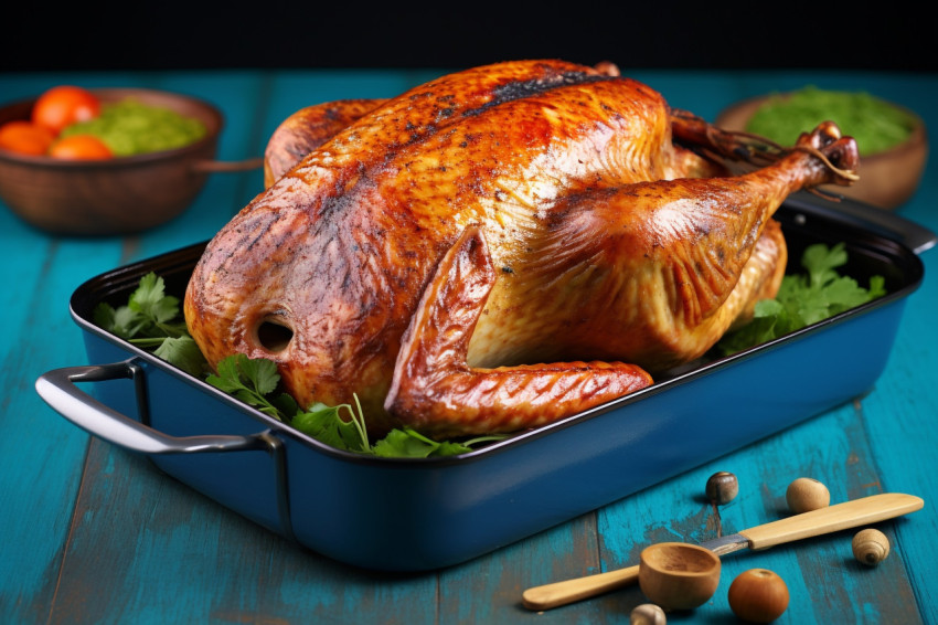 A picture of a whole roasted turkey in a roasting pan on a wooden surface with a green and blue background