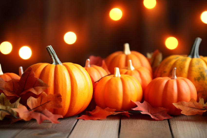 A photo of small pumpkins and leaves on a rough wooden table with lights and a blurry background