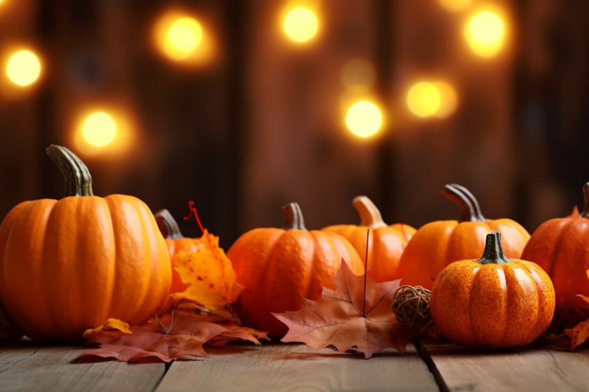 A photo of small pumpkins and leaves on a rough wooden table with lights and a blurry background