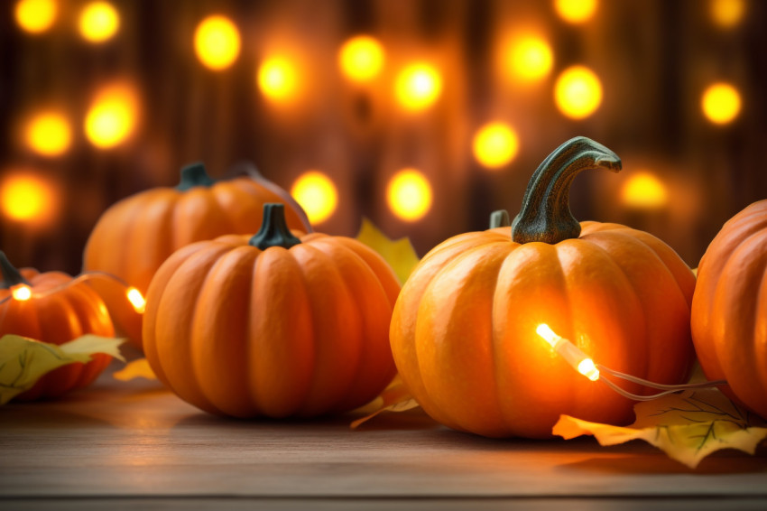 A photo of small pumpkins and leaves on a rough wooden table with lights and a blurry background