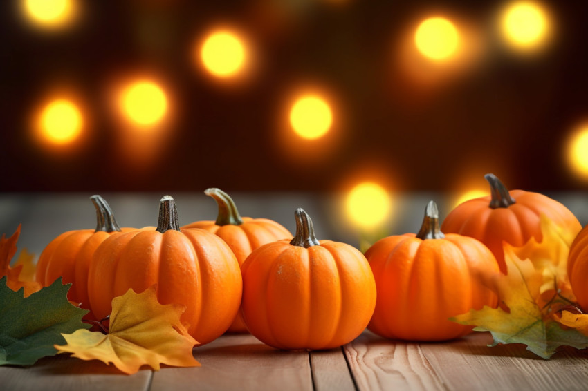 A photo of small pumpkins and leaves on a rough wooden table with lights and a blurry background