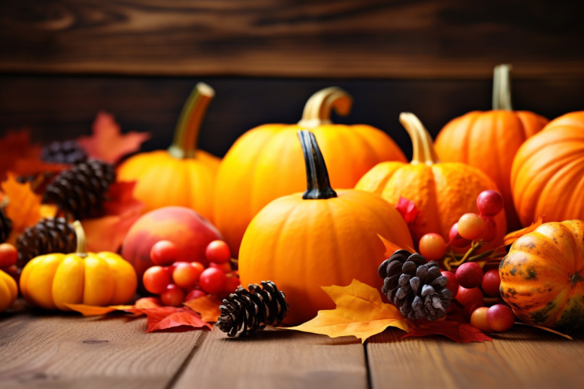 Thanksgiving or autumn picture of pumpkins leaves and berries on a wooden table