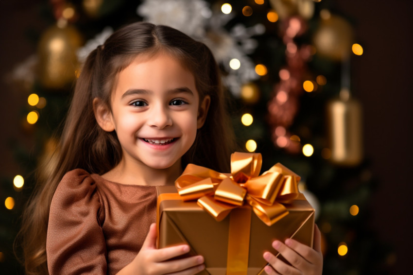 Cute girl holds brown gift box for Christmas and Thanksgiving
