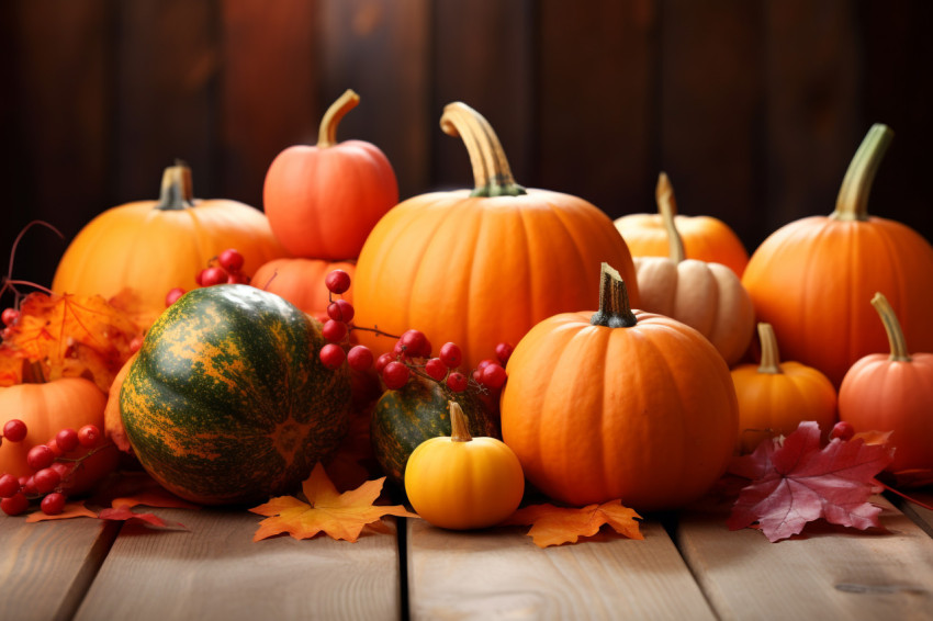 Thanksgiving or autumn picture of pumpkins leaves and berries on a wooden table