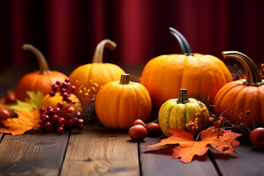 Thanksgiving or autumn picture of pumpkins leaves and berries on a wooden table