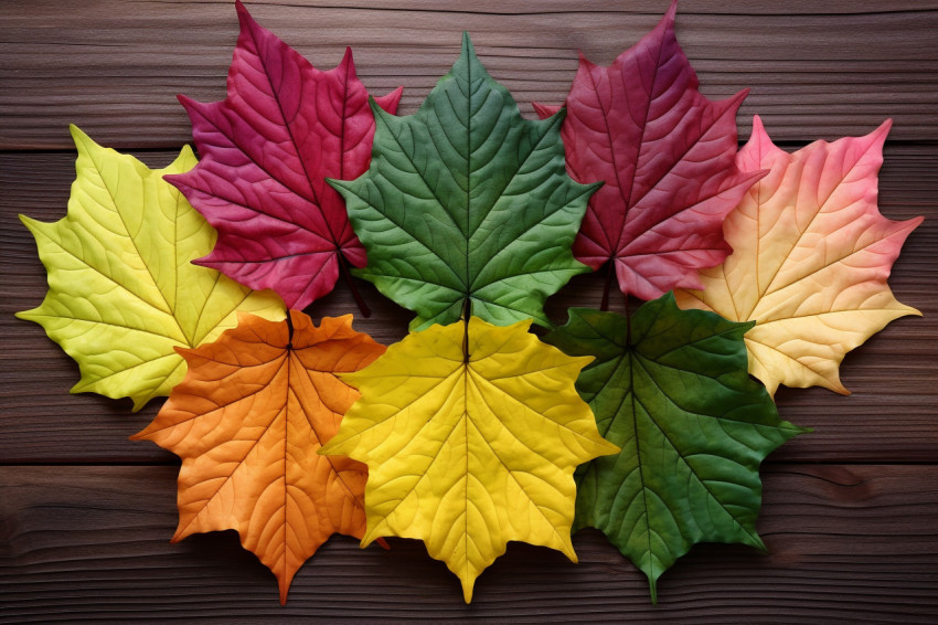 A picture of many colored maple leaves on a wood table