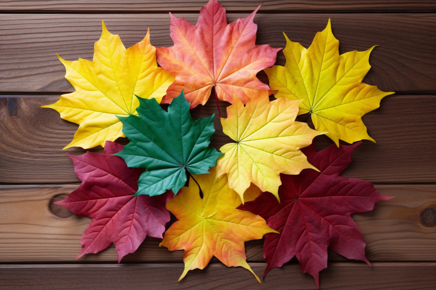 A picture of many colored maple leaves on a wood table