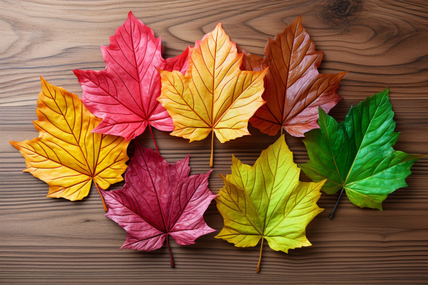 A picture of many colored maple leaves on a wood table