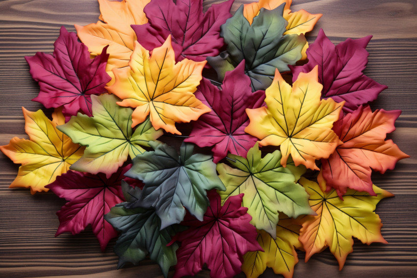 A picture of many colored maple leaves on a wood table