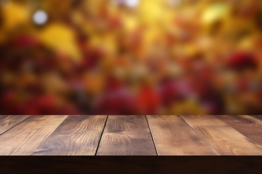 Picture of a table made of wood with a background of autumn leaves