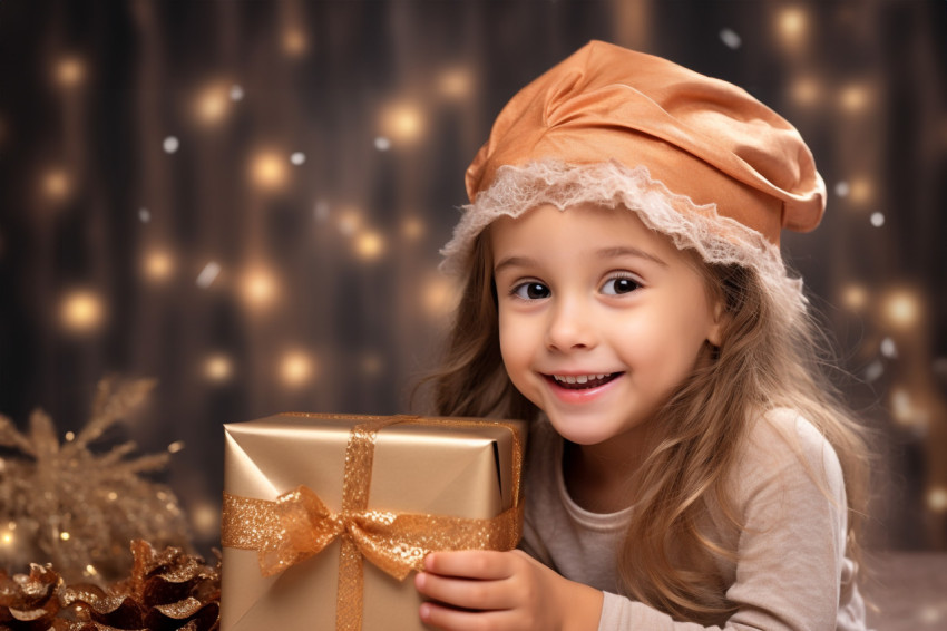 Cute girl holds brown gift box for Christmas and Thanksgiving
