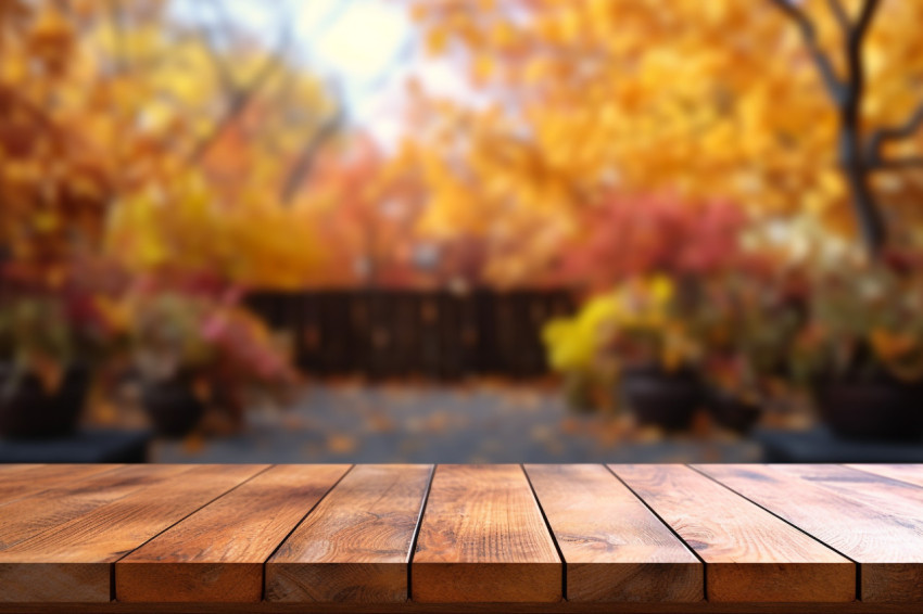 Picture of a table made of wood with a background of autumn leaves