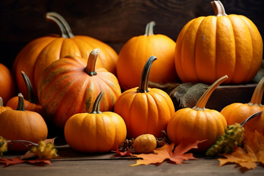 A picture of autumn leaves and pumpkins on a dark wooden table