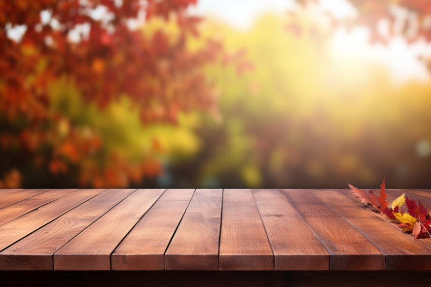 Picture of a table made of wood with a background of autumn leaves