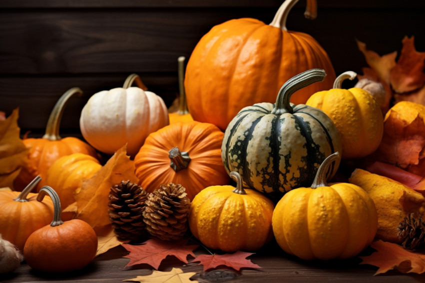 A picture of autumn leaves and pumpkins on a dark wooden table