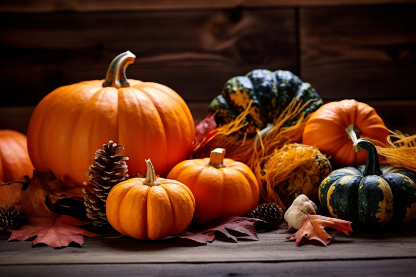 A picture of autumn leaves and pumpkins on a dark wooden table