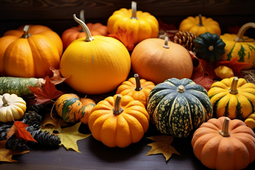 A picture of autumn leaves and pumpkins on a dark wooden table