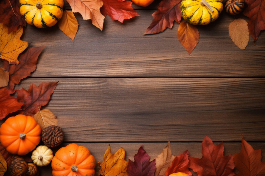 A picture of Thanksgiving decorations made from dry leaves and a pumpkin on an old wooden table