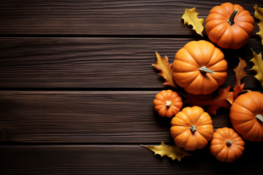 A photo of a Thanksgiving greeting with pumpkins and leaves on a dark wooden table