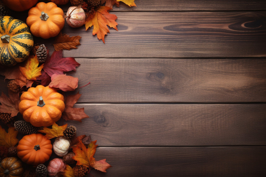 A picture of Thanksgiving decorations made from dry leaves and a pumpkin on an old wooden table