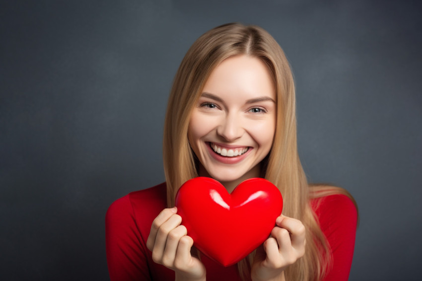 Picture of a young woman smiling and holding a red heart she is saying thank you for love