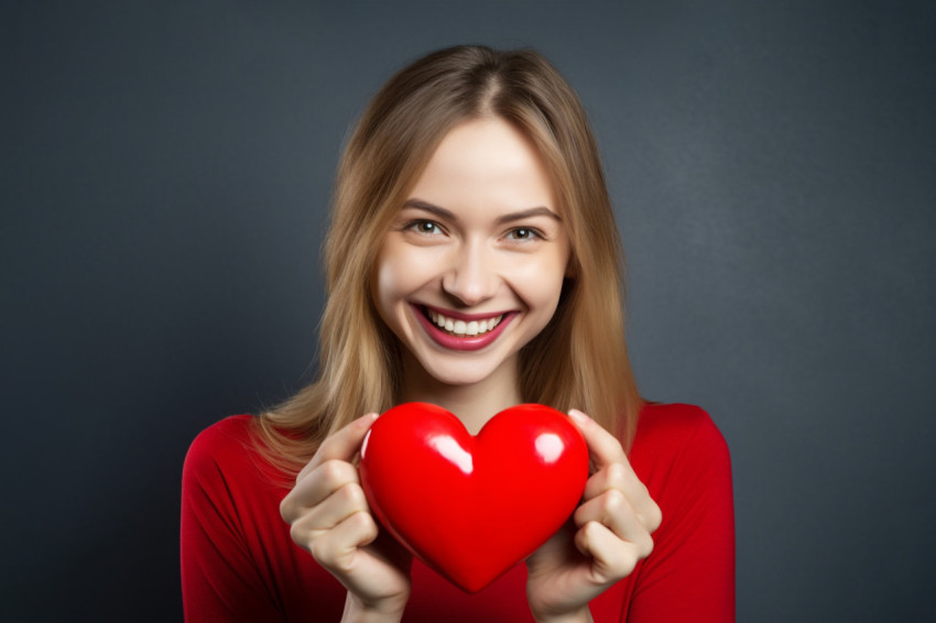 Picture of a young woman smiling and holding a red heart she is saying thank you for love