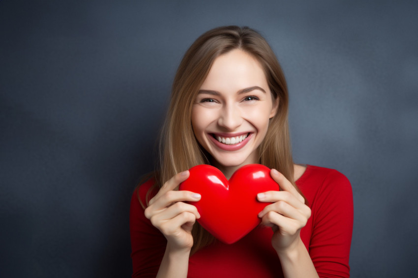 Picture of a young woman smiling and holding a red heart she is saying thank you for love