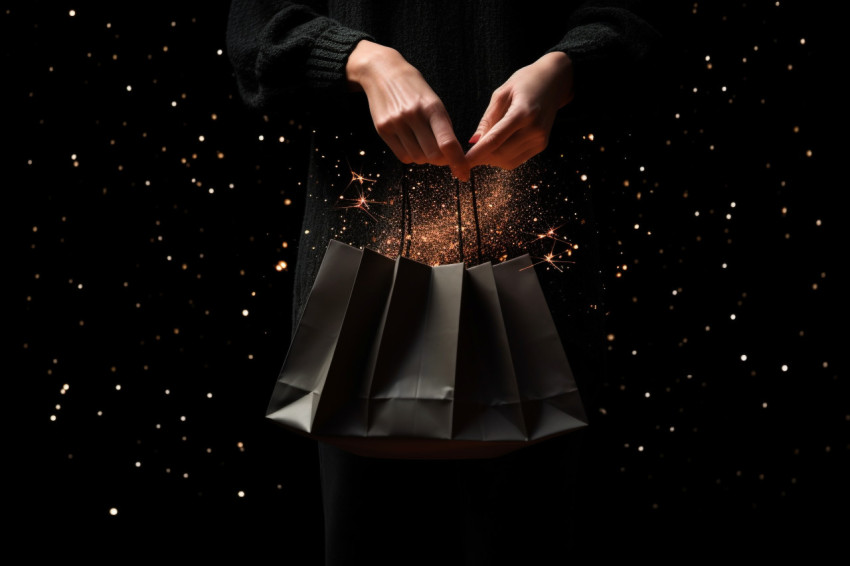 A woman is carrying a shopping bag against a black background