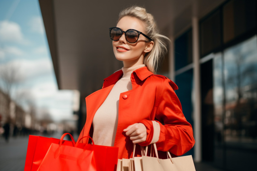 A young woman is carrying shopping bags near the mall in spring clothing