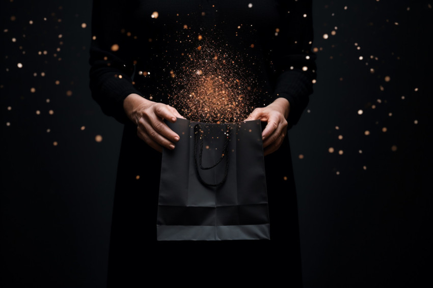 A woman is carrying a shopping bag against a black background