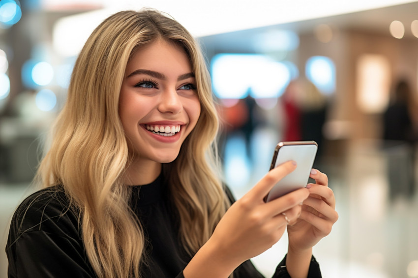 A picture of a young woman shopping in the mall who is looking at and using her smartphone