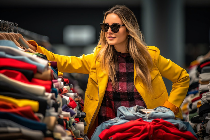 A photo of a stylish young woman looking for fashionable clothes at a black friday sale in a shopping mall