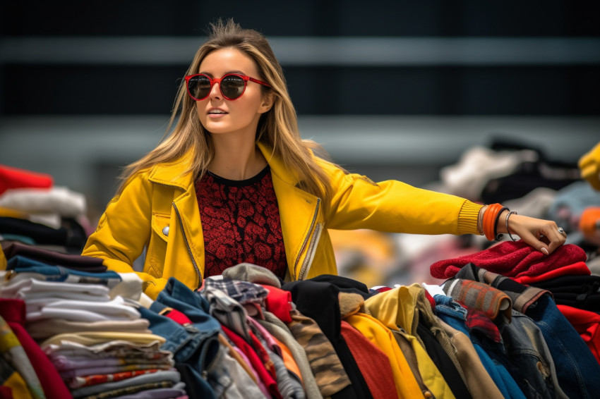 A photo of a stylish young woman looking for fashionable clothes at a black friday sale in a shopping mall