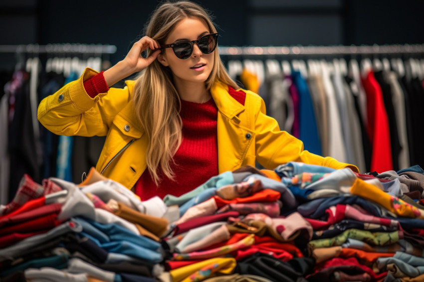 A photo of a stylish young woman looking for fashionable clothes at a black friday sale in a shopping mall