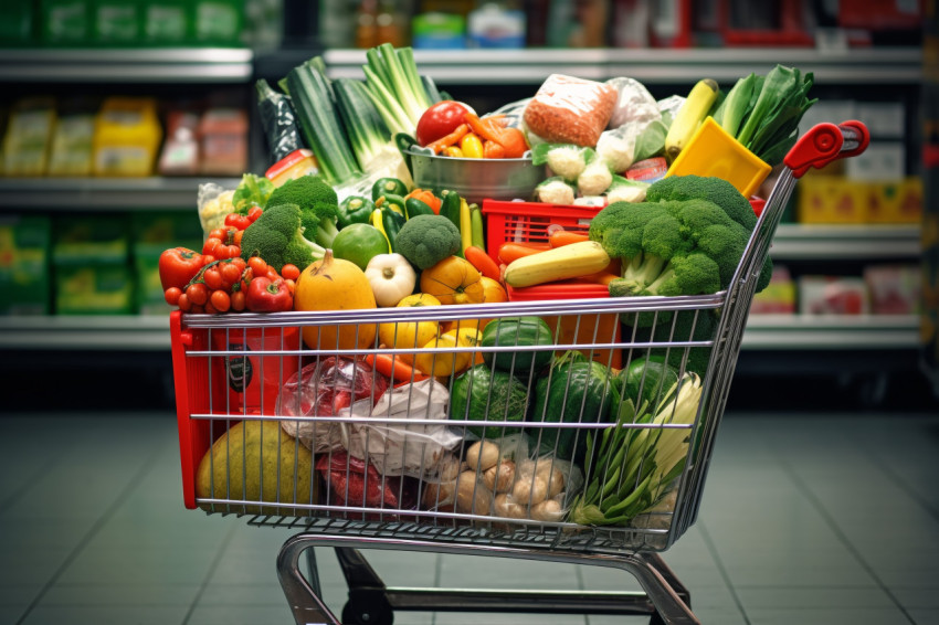 A picture of a shopping cart full of food at the grocery store