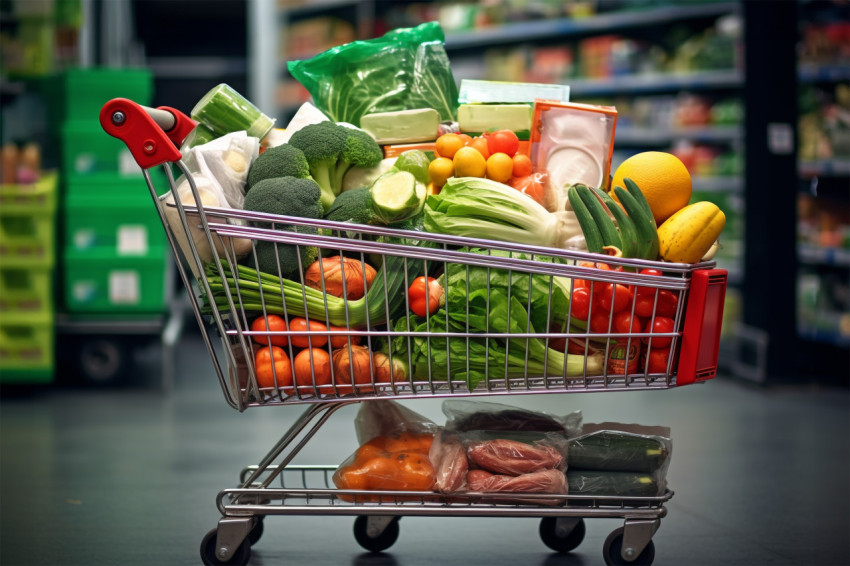 A picture of a shopping cart full of food at the grocery store