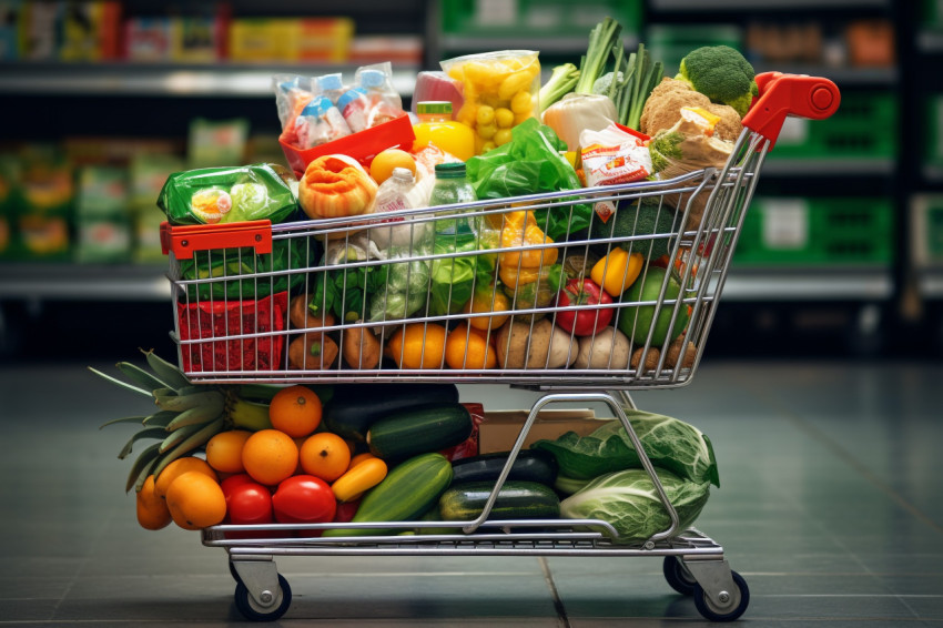 A picture of a shopping cart full of food at the grocery store