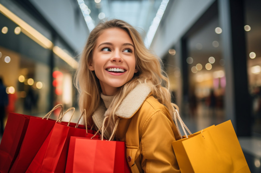 Picture of a happy young woman with shopping bags in a mall