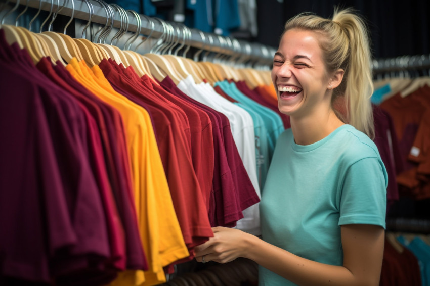 A photo of a happy young woman shopping looking at the price of a t shirt