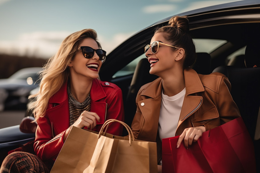 A photo of two happy young women with shopping bags smiling at each other in a car