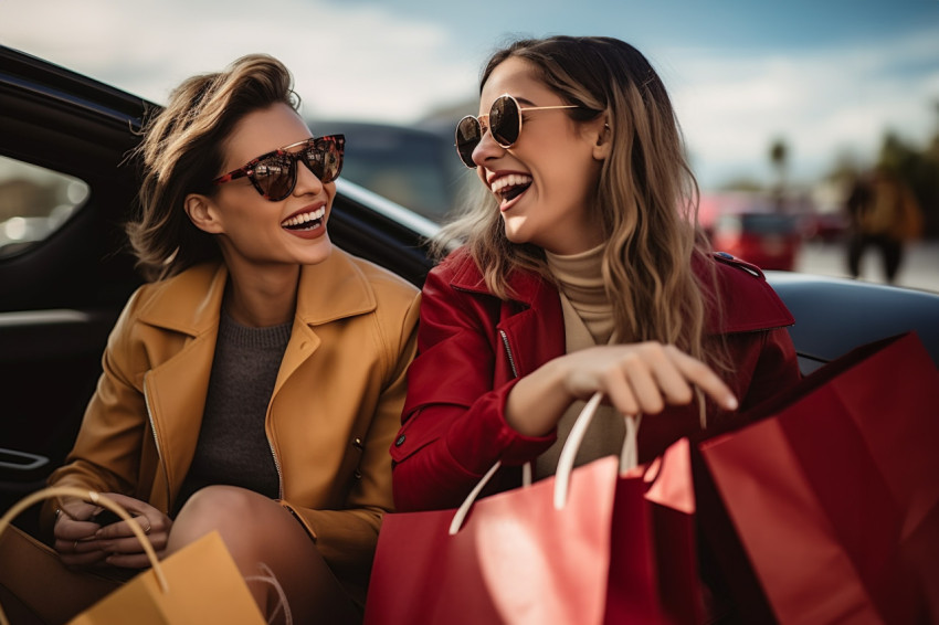 A photo of two happy young women with shopping bags smiling at each other in a car