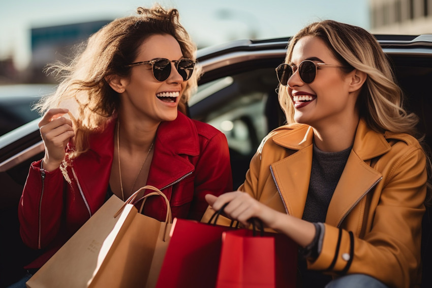 A photo of two happy young women with shopping bags smiling at each other in a car