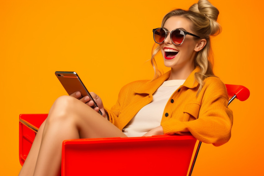 A photo of a happy and focused girl sitting in a shopping cart and chatting on her phone with a bright orange background