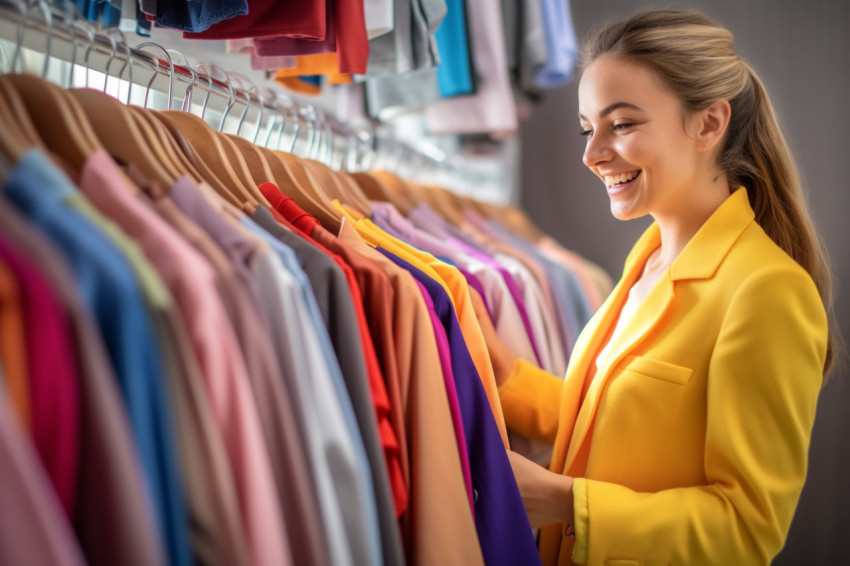 A photo of a happy young woman shopping for clothes in a store. she is looking at a rack of clothes and the background is blurry